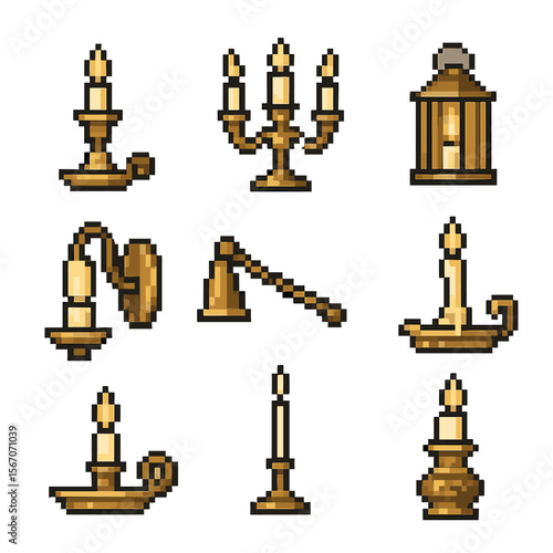 Antique Candle Holder Icons. Pixel art icon set of antique candle holders: brass candlestick, candelabra, lantern, wall sconce,