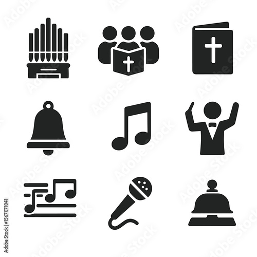 Church Music Icons. Solid, filled icon set of church music: organ, choir, hymn book, bell, musical note, conductor, sheet music,