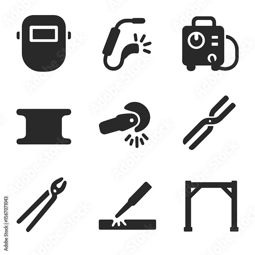 Metalwork Tools Icons. Solid, filled icons set of steelwork and metal construction tools: welding mask, plasma