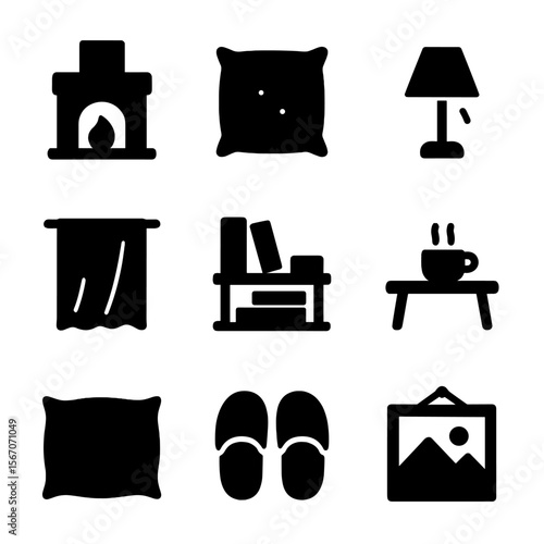 Cozy Home Icons. Solid, filled icon set of indoor comfort scene: fireplace, cushion, warm light, curtain, bookshelf, coffee table,