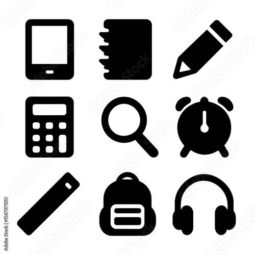 Children's Learning Icons. Solid, filled icon set of children’s home learning tools: tablet device, notebook, pencil, calculator,