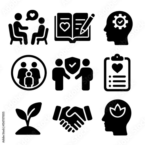 Mental Health Icons. Solid, filled icons set of mental health and family connection: therapy session, shared