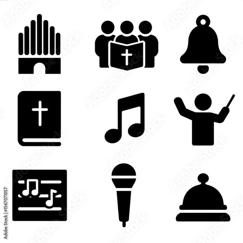 Church Music Icons. Solid, filled icon set of church music: organ, choir, hymn book, bell, musical note, conductor, sheet music,