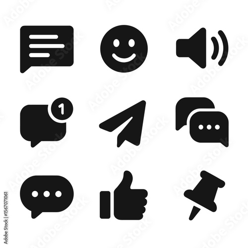 Messaging Icon Set. Solid, filled icons set of messaging and chat apps: chat window, emoji, voice message,