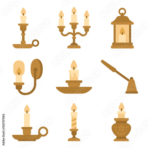 Antique Candle Holders. Flat icon set of antique candle holders: brass candlestick, candelabra, lantern, wall sconce, snuffer, wax