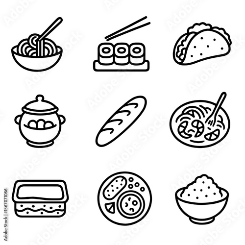 Regional Cuisines Icons. Outline icon set of regional cuisines: Italian pasta bowl, Japanese sushi roll, Mexican taco, Indian