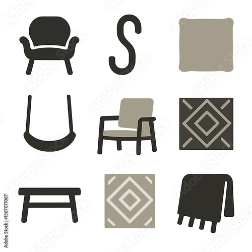 Minimalist Furniture Icons. Solid, filled icons set of minimal yet playful furniture: floating chair, sleek