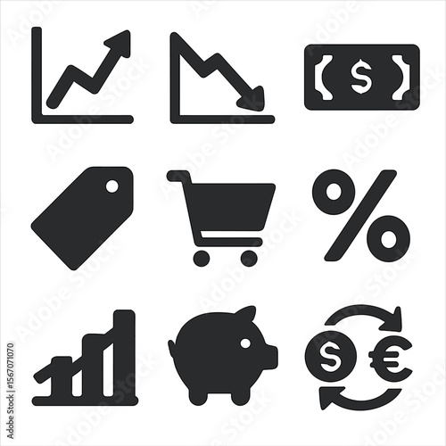 Economic Icons Grid. Solid, filled icons set of inflation and deflation: rising graph, falling graph, dollar