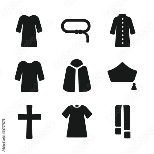 Christian Vestment Icons. Solid, filled icon set of Christian liturgical vestments: alb robe, cincture belt, cassock, surplice,