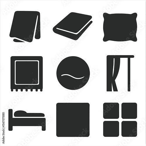 Minimalist Furnishing Icons. Solid, filled icons set of minimalist soft furnishing design: solid throw, linen