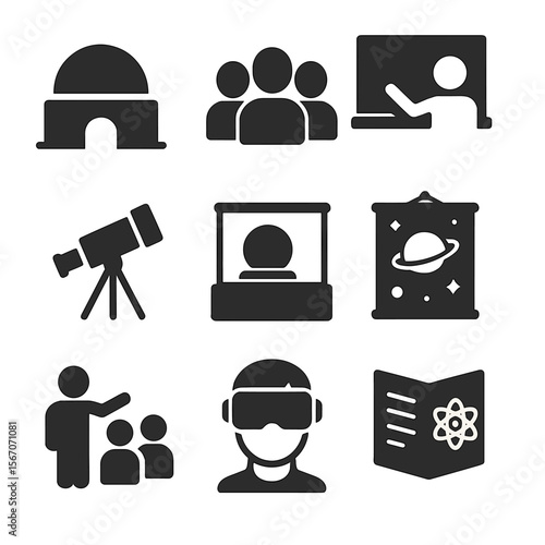 Educational Observatory Icons. Solid, filled icons set of educational observatories: planetarium dome, student