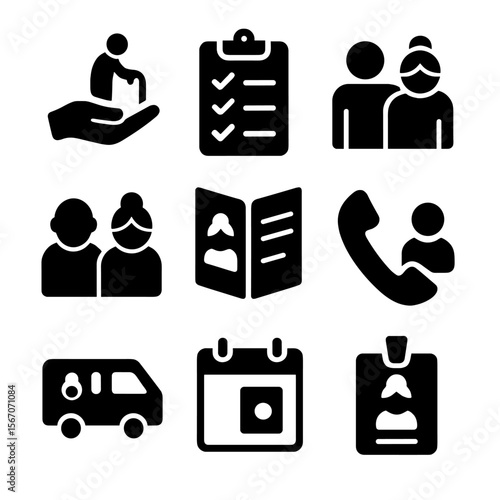Elderly Care Icons. Solid, filled icon set of project planning online: roadmap, project timeline, gantt chart, milestone, phase