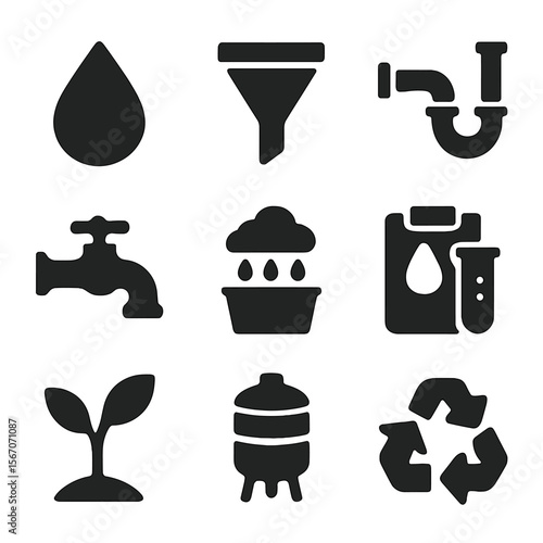 Clean Water Icons. Solid, filled icon set of clean water tech: water droplet, filter, pipeline, faucet, rain collector, water