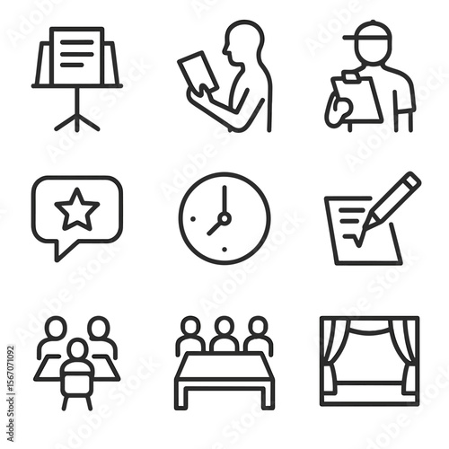 Rehearsal Icon Set. Outline icon set of rehearsal and table read: script on music stand, actor reading silhouette, director with