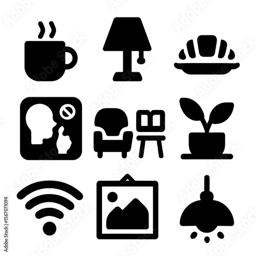 Café Icon Set. Solid, filled icons set of café reading environment: coffee mug, table lamp, pastry plate,