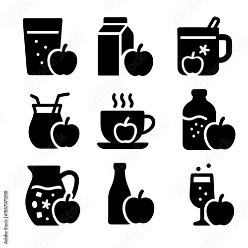 Apple Beverage Icons. Solid, Filled icon set of apple-based beverages: apple cider, apple juice, spiced mulled cider, apple