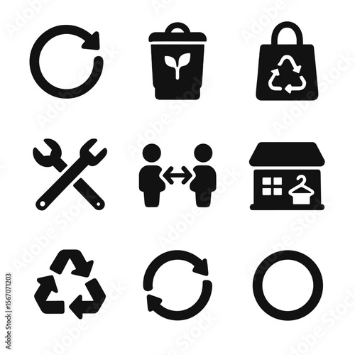 Circular Economy Icons. Solid, filled icon set of circular economy: reuse icon, compost bin, upcycled bag, repair tools, sharing