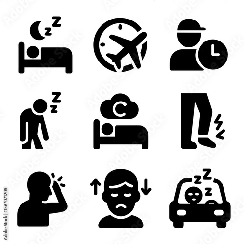 Circadian Disorder Icons. Solid, filled icon set of circadian disorders: insomnia, jet lag, shift work, fatigue, sleep apnea,