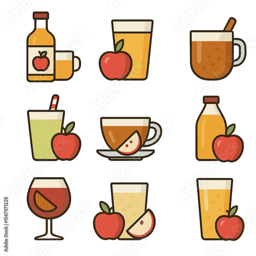 Apple Beverage Icons. Flat icon set of apple-based beverages: apple cider, apple juice, spiced mulled cider, apple smoothie, apple
