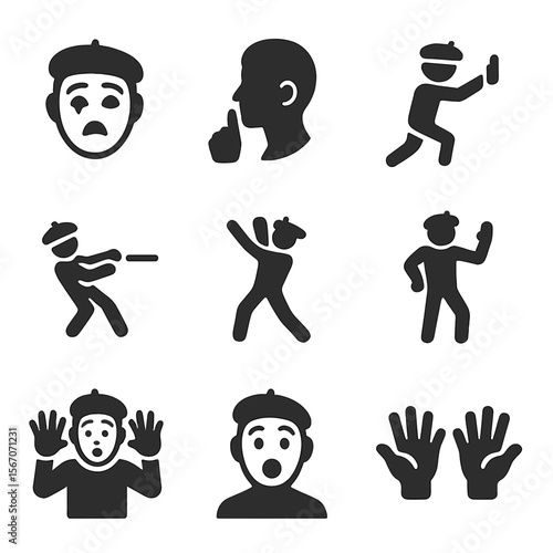Modern Mime Icons. Solid, filled icons set of mime and non-verbal drama: mime face, silent talk, wall push,