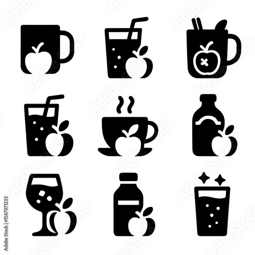 Apple Beverage Icons. Solid, Filled icon set of apple-based beverages: apple cider, apple juice, spiced mulled cider, apple