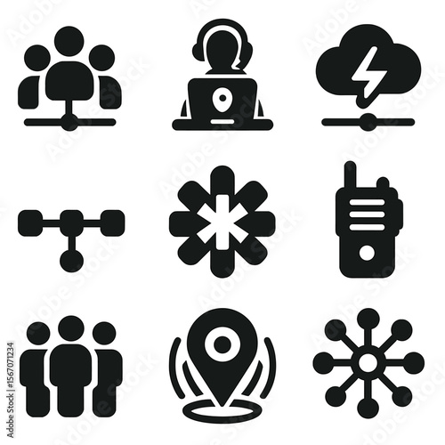 Emergency Services Icons. Solid, filled icons set of connected emergency services: group icon, dispatch center