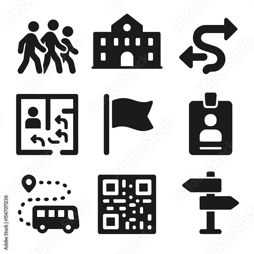 Campus Tour Icons. Solid, filled icons set of campus tour and navigation: walking group, building icon, path