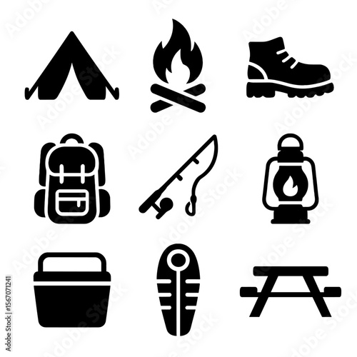Camping Icon Set. Solid, filled icons set of camping and outdoor stops: tent, campfire, hiking boot, backpack,