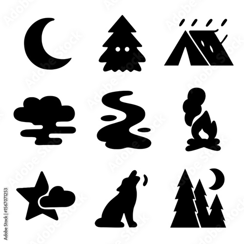 Night Forest Icons. Solid, filled icon set of night rain in forest: crescent moon, tree shadow, glowing eyes, rain on tent, night