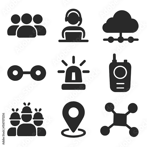 Emergency Services Icons. Solid, filled icons set of connected emergency services: group icon, dispatch center