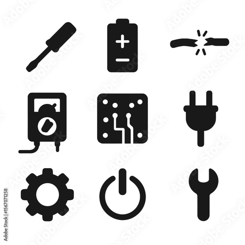 Electronics Repair Icons. Solid, filled icon set of how to fix electronics: screwdriver, battery icon, broken wire, multimeter,