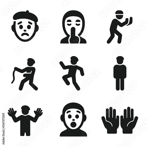 Modern Mime Icons. Solid, filled icons set of mime and non-verbal drama: mime face, silent talk, wall push,
