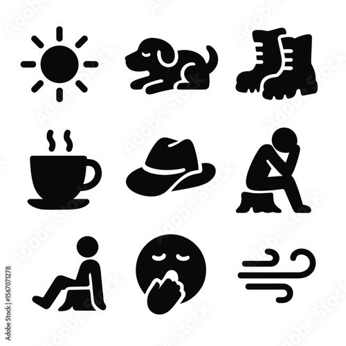 End-of-Day Icons. Solid, filled icons set of end-of-day rest: glowing sun, relaxed dog, tired boots, cup of