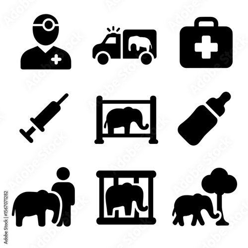 Elephant Rescue Icons. Solid, filled icon set of elephant rescue and rehabilitation: vet, rescue vehicle, medical kit,