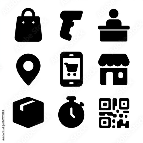 Click & Collect Icons. Solid, filled icon set of Click & Collect signage: shopping bag, barcode scanner, pickup counter, location
