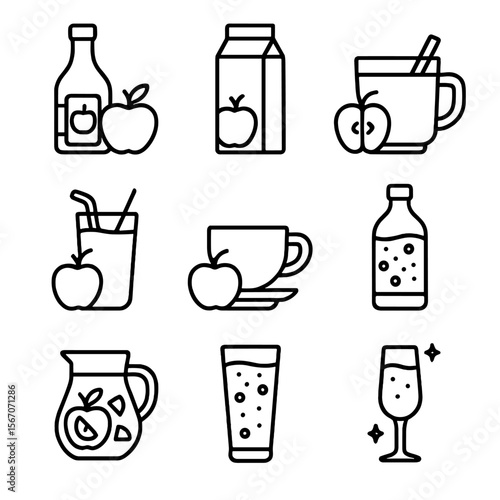 Apple Beverage Icons. Outline icon set of apple-based beverages: apple cider, apple juice, spiced mulled cider, apple smoothie,
