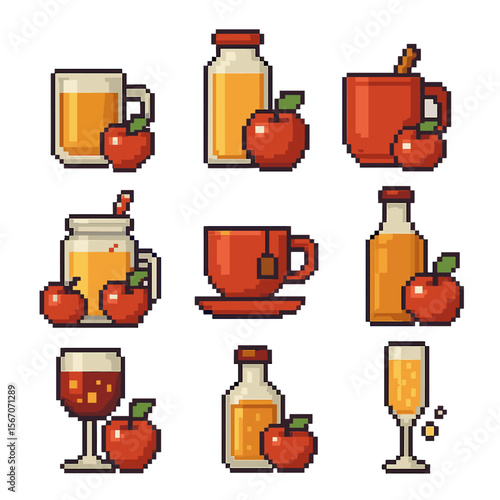 Apple Beverage Icons. Pixel art icon set of apple-based beverages: apple cider, apple juice, spiced mulled cider, apple smoothie,
