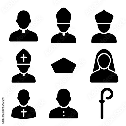 Clergy Roles Icons. Solid, filled icon set of clergy roles and ranks: deacon icon, pastor icon, bishop icon, archbishop icon,