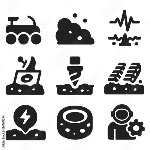 Moon Surface Operations Icons. Solid, filled icons set of moon surface operations: terrain vehicle, moon dust