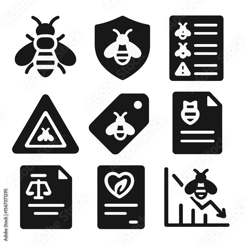 Endangered Bee Icons. Solid, filled icons set of endangered bee species protection: rare bee icon, protection