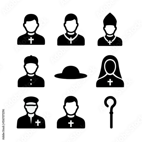 Clergy Roles Icons. Solid, filled icon set of clergy roles and ranks: deacon icon, pastor icon, bishop icon, archbishop icon,