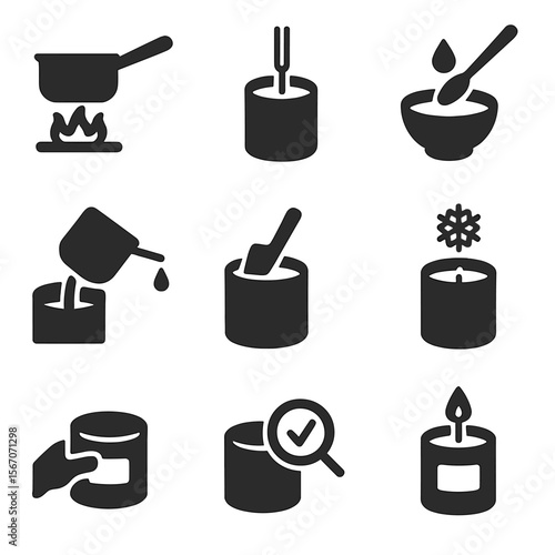 Candle Making Icons. Solid, filled icons set of candle pouring steps: wax melting, wick placement, fragrance