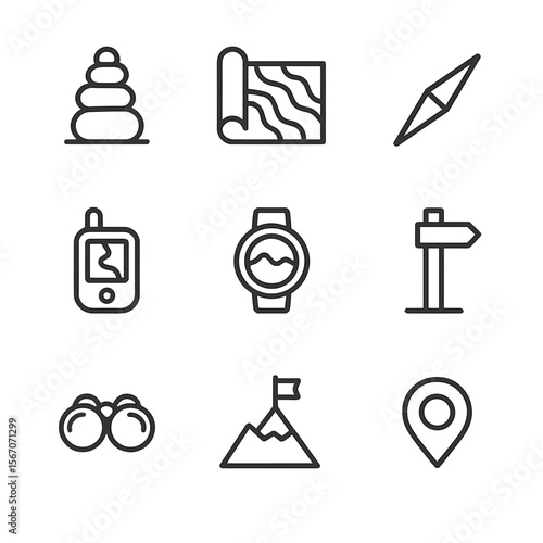 Remote Navigation Icons. Outline icon set of remote trail navigation: trailhead cairn, topographic map roll, compass needle, GPS