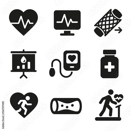 Cardiovascular Support Icons. Solid, filled icons set of cardiovascular disease support: heart with pulse, ECG