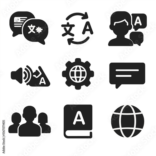 Multilingual Icons Grid. Solid, filled icons set of multilingual conversations: speech bubbles with flags,