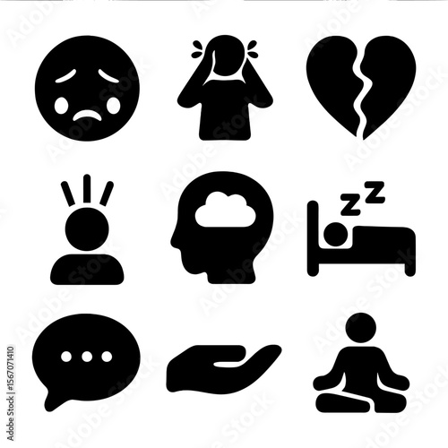 Emotional Distress Icons. Solid, filled icon set of mental and emotional distress: crying face, anxious person, broken heart,