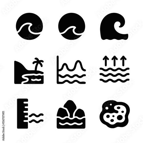Ocean Tide Icon Set. Solid, filled icon set of ocean tides: high tide, low tide, tidal wave, beach line, tide chart, wave arrows,