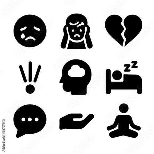 Emotional Distress Icons. Solid, filled icon set of mental and emotional distress: crying face, anxious person, broken heart,