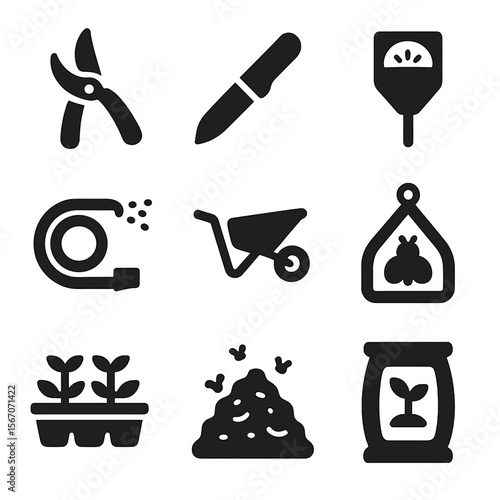 Apple Cultivation Tools. Solid, Filled icon set of apple cultivation tools: pruning shears, grafting knife, soil tester,