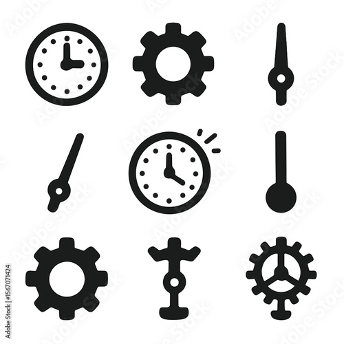 Clockwork Icon Grid. Solid, filled icon set of clockwork mechanism: clock face, gear wheel, minute hand, second hand, hour hand,